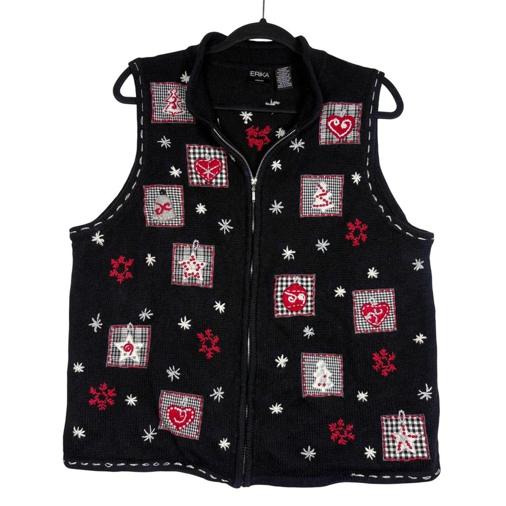 Erika Woman Christmas Sweater Vest 1X Black Full Zip Embroidered Holiday Patch